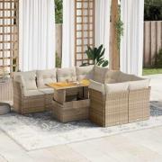 vidaXL Soffgrupp för trädgården med dynor 9 delar beige konstrotting
