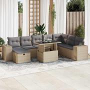vidaXL Soffgrupp för trädgården med dynor 9 delar beige konstrotting