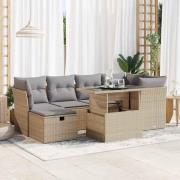 vidaXL Matgrupp för trädgården med dynor 7 delar beige konstrotting