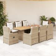 vidaXL Matgrupp för trädgården med dynor 9 delar beige konstrotting