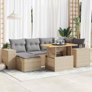 vidaXL Matgrupp för trädgården med dynor 7 delar beige konstrotting