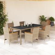 vidaXL Matgrupp för trädgård med dynor 7 delar beige konstrotting&glas
