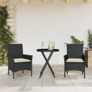 vidaXL Bistrogrupp med dynor 3 delar svart konstrotting och glas