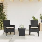 vidaXL Bistrogrupp med dynor 3 delar svart konstrotting och glas