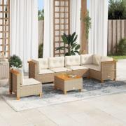 vidaXL Matgrupp för trädgården med dynor 7 delar beige konstrotting
