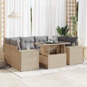 vidaXL Matgrupp för trädgården med dynor 7 delar beige konstrotting