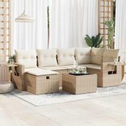 vidaXL Matgrupp för trädgården med dynor 7 delar beige konstrotting