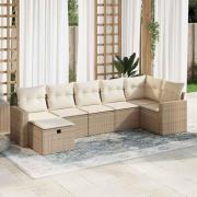 vidaXL Matgrupp för trädgården med dynor 7 delar beige konstrotting