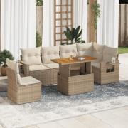 vidaXL Matgrupp för trädgården med dynor 7 delar beige konstrotting
