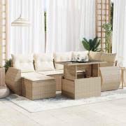 vidaXL Matgrupp för trädgården med dynor 7 delar beige konstrotting