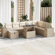 vidaXL Soffgrupp för trädgården med dynor 9 delar beige konstrotting