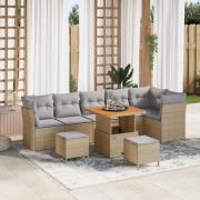 vidaXL 9-delat trädgårdsoffaset med kuddar Beige Poly Rattan Akacia, v...