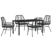 vidaXL 5-delat trädgårdsdining-set med kuddar svart poly rattan