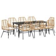 vidaXL 9-delars trädgårdsdining set med kuddar brun poly rattan