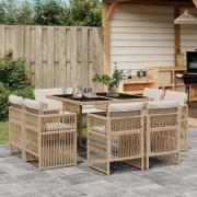 vidaXL Matgrupp för trädgården med dynor 9 delar beige konstrotting
