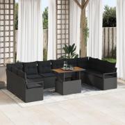 vidaXL 11-delad trädgårdsofa set med kuddar svarta poly rattan akacia,...