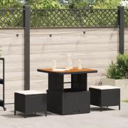 vidaXL 3-delars Trädgårdsmatbordset med Kuddar Svart Poly Rattan Akaci...