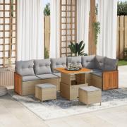 vidaXL 9-delad trädgårdsoffaset med kuddar beige Poly Rattan Akaci, vi...