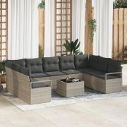 vidaXL 10-delad Trädgårdsoffaset med kuddar grå Poly Rattan, vidaXL 2-...