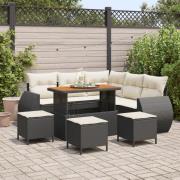 vidaXL 9-delars Trädgårdsofa Set med Kuddar Svart Poly Rattan Akacia, ...