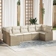 vidaXL 7-dels Trädgårdssoffaset med kuddar Beige Poly Rattan
