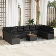 vidaXL 11-delars Trädgårdsoff Set med kuddar Svart Poly Rattan Acacia
