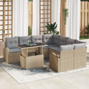 vidaXL 9-dels Trädgårdsoff set med kuddar Beige Poly Rattan