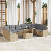 vidaXL 11-delars Trädgårdsoff set med kuddar Beige Poly Rattan