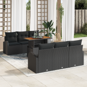 vidaXL 7 Delars Trädgårdsmöbelset med Kuddar Svart Poly Rattan Acacia