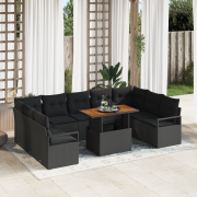 vidaXL 10-delars trädgårdsofa set med kuddar svart poly rotting akacia