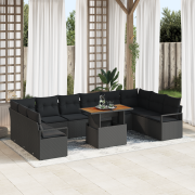vidaXL 11-delad trädgårdsofa set med kuddar svarta poly rattan akacia