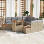 vidaXL 9-delars trädgårdsdining set med kuddar beige polyrotting akaci...