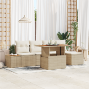 vidaXL 6-delars trädgårds matsalsset med kuddar Beige Poly Rattan Akac...