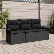 vidaXL 3-delad trädgårdsoffasett med kuddar svart poly rattan