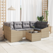 vidaXL 7-delars trädgårds matgrupp med dynor beige poly rattan