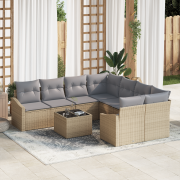 vidaXL 9 Delars Trädgårds Matgrupp med Kuddar Beige Poly Rattan