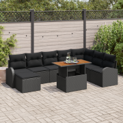 vidaXL 9-delat trädgårdsoffaset med kuddar svart poly rattan