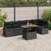 vidaXL 7-delars trädgårdsoffasett med kuddar svart poly rattan