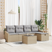 vidaXL 6-delars Trädgårdsmöbelset med kuddar Beige Poly Rattan