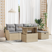 vidaXL 6-delad trädgårdsoffasett med kuddar beige polyrotting