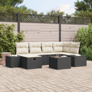 vidaXL 7-delars trädgårdsoff-set med kuddar svarta poly rattan