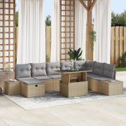 vidaXL 9 delar Trädgårdsoffaset med kuddar Beige Poly Rattan
