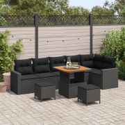 vidaXL 9-delat trädgårdssofa-set med kuddar svart poly rattan akacia