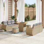 vidaXL 9 Delars Trädgårdssoffset med Kuddar Beige Poly Rattan Akacia