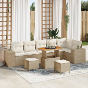 vidaXL 9 Delars Trädgårdsoff Set med Kuddar Beige Poly Rattan Akacia