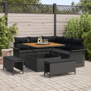 vidaXL 8-delars trädgårdsoff-set med kuddar, svart poly rattan akacia