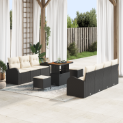 vidaXL 10-delat Trädgårdssofa-set med Kuddar Svart Poly Rattan Akacia,...