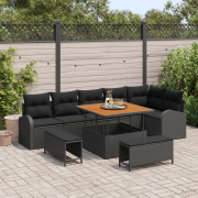 vidaXL 9-delat trädgårdsoff-set med kuddar Svart Poly Rattan Akacia