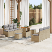 vidaXL 9 Delar Trädgårdsoffmöblemang med Kuddar Beige Poly Rattan Akac...