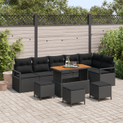 vidaXL 10-delat trädgårdsoff-set med kuddar svart poly rattan akacia